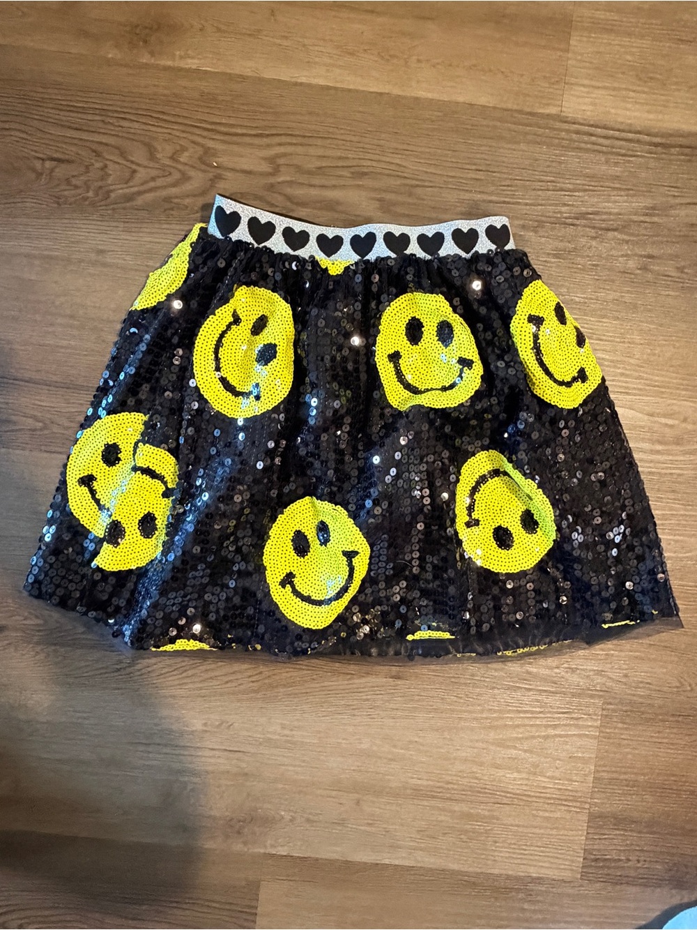 Reversible Black Sequin Skirt with Yellow Smiley Faces